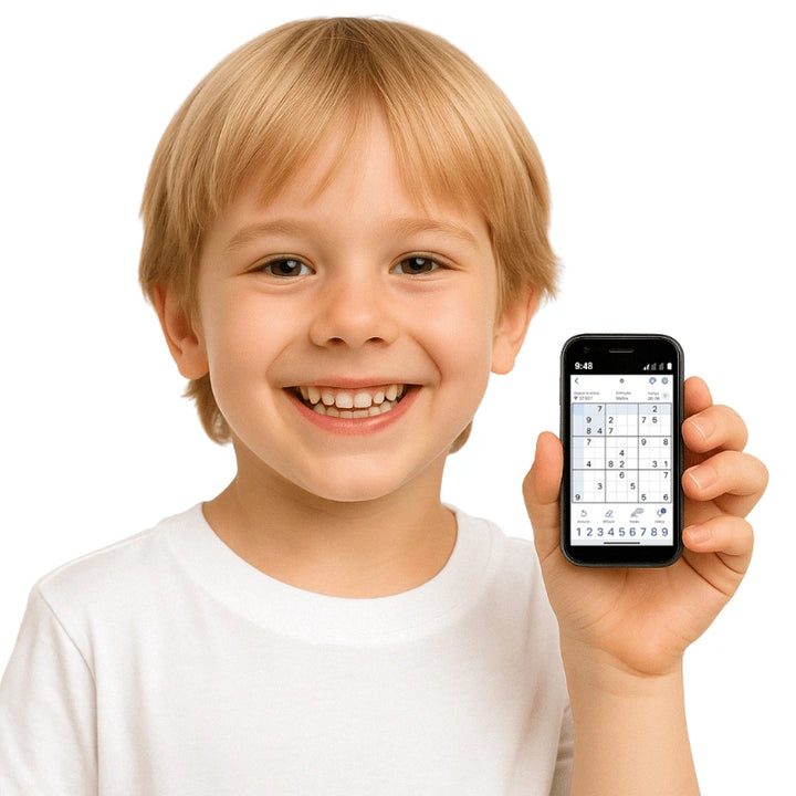 Petit garçon avec PetitPhone en main et joue au Sudoku